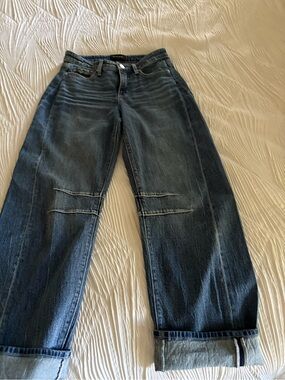 Buckle Wide-Leg Flare Jeans in Dark Wash Blue